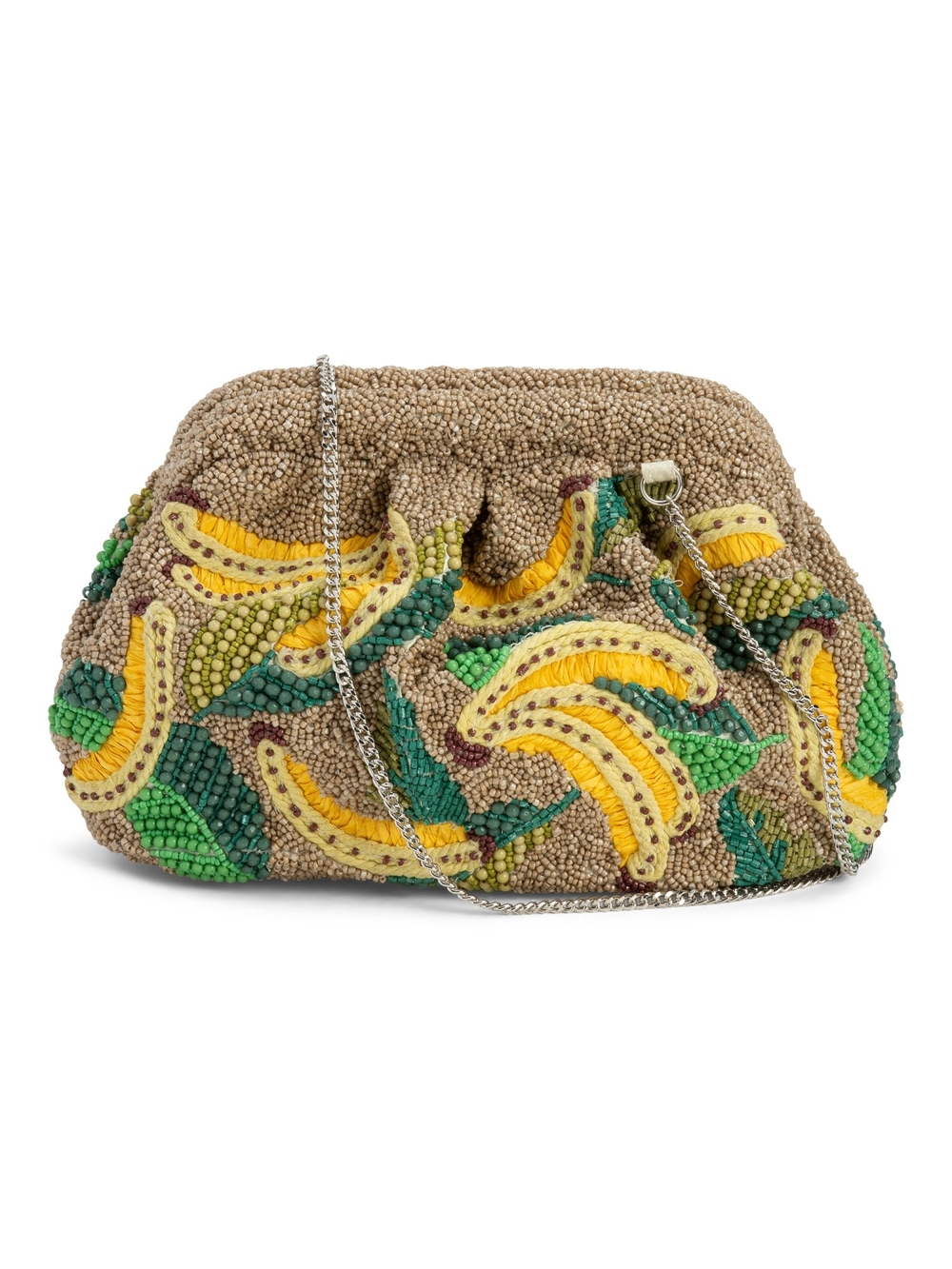 Beaded Banana Motif Clutch in Tan, Yellow & Green